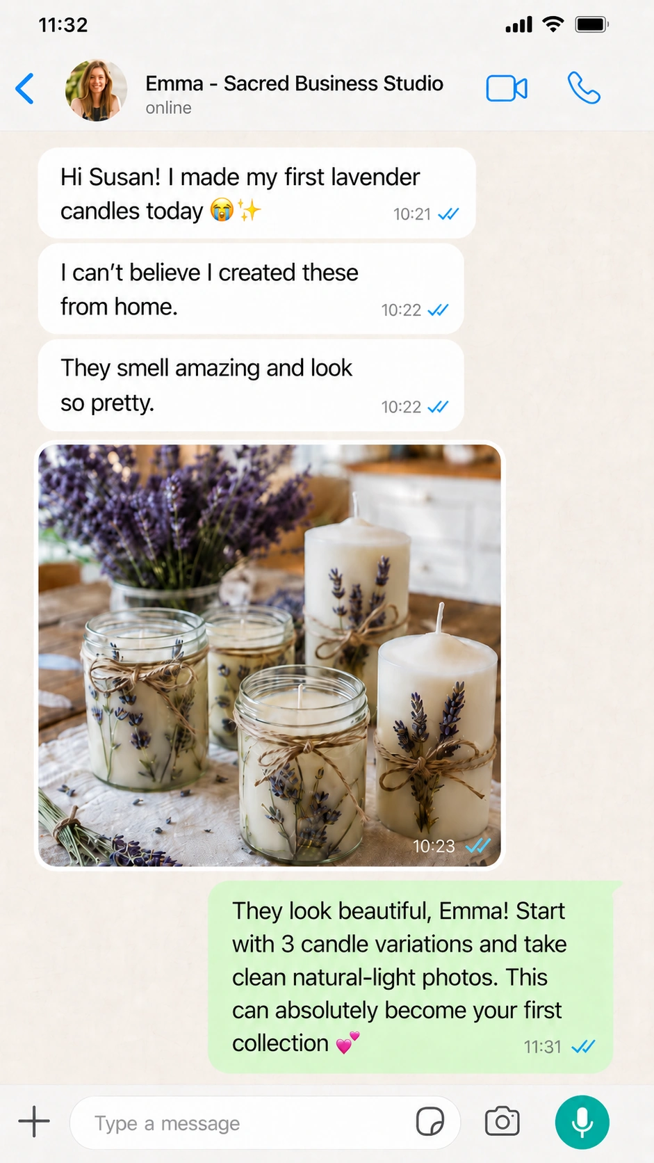 WhatsApp conversation with Emma sharing her first lavender candles