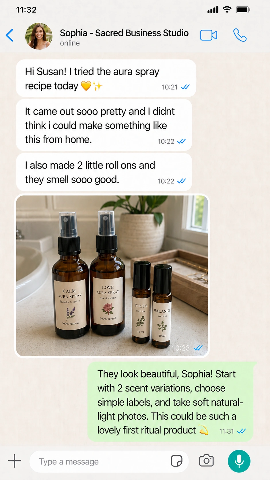 WhatsApp conversation with Sophia sharing her aura sprays and roll-ons