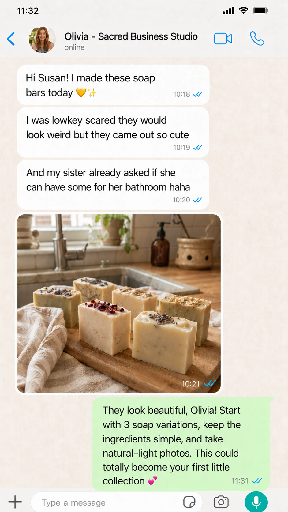WhatsApp conversation with Olivia sharing her handmade soap bars
